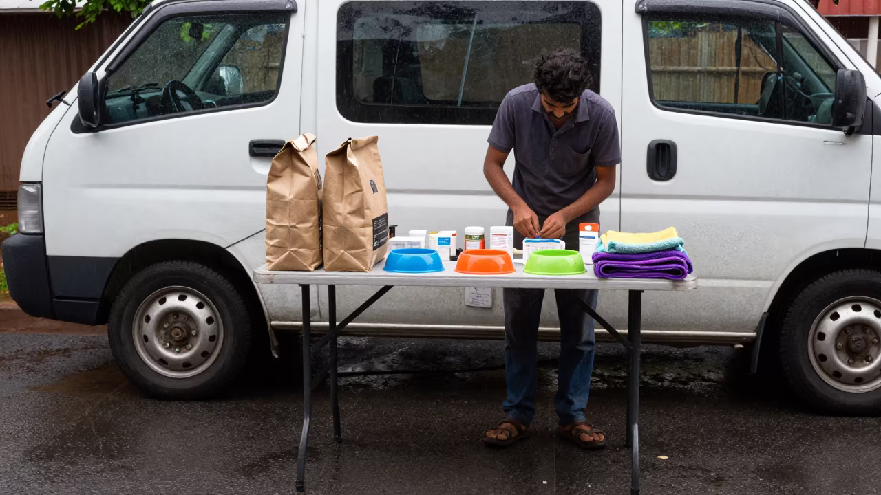 Dog Training Check-in with Supplies at Solapur Van in outside a grooming van on a curbside stop in Solapur