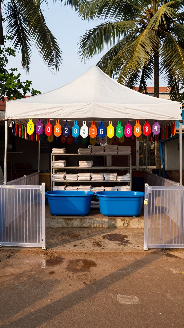 Dog Training Check-in Tent with Bibs and Water Tubs in at a dog wash bay behind the shop in Chennai
