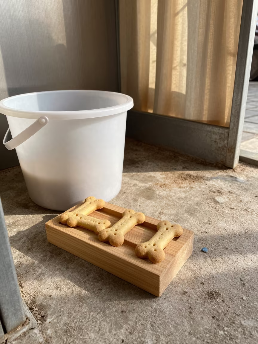 Dog Treat Bar Near Cleaning Bucket After Storm in at a self-serve dog wash station near Diyarbakır