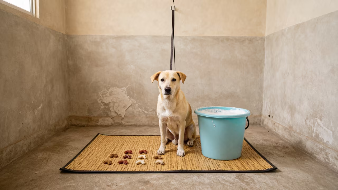 Dog Treats and Bucket in Djibouti Grooming Bay in inside a grooming bay in Djibouti