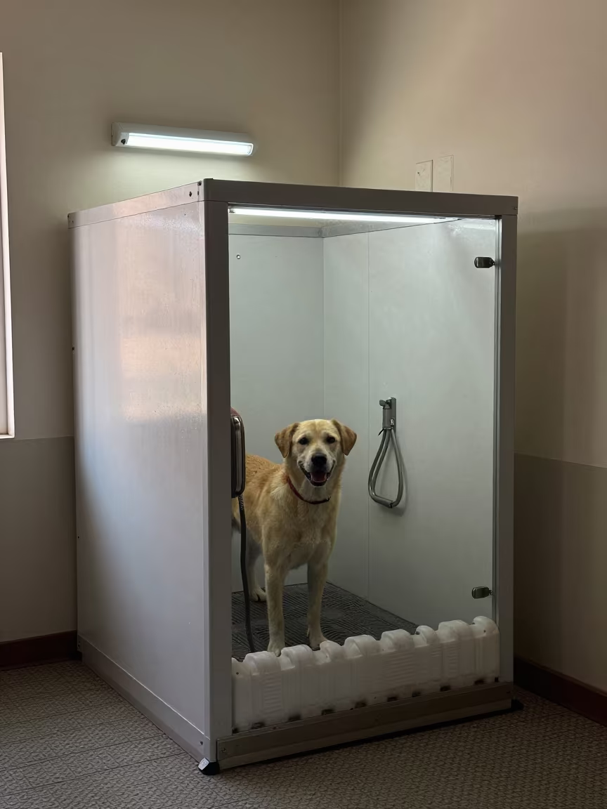 Dog at Veterinary Wash Station Addis Ababa in at a self-serve dog wash station near Addis Ababa