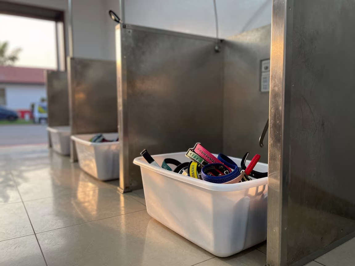 Dog Wash Collar Bin Evening Light Kerala in at a self-serve dog wash station in Thiruvananthapuram