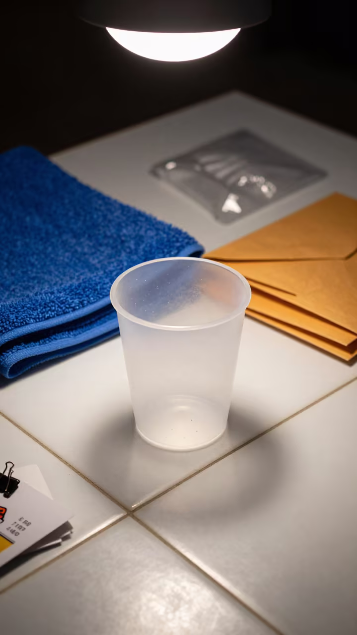 Dog Wash Cup on Tile Floor in at a self-serve dog wash station near Shahrisabz