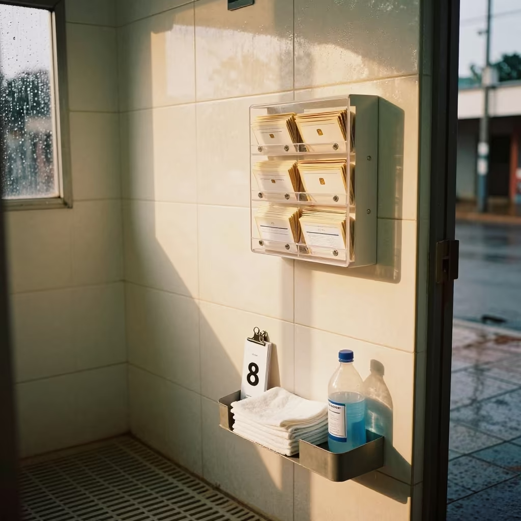 Dog Wash Prep Station with Password Envelope Box in at a self-serve dog wash station in Kinshasa
