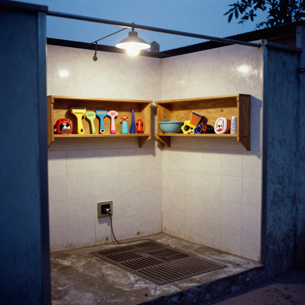 Dog Wash Prop Shelf in Vijayapura Twilight in at a self-serve dog wash station in Vijayapura