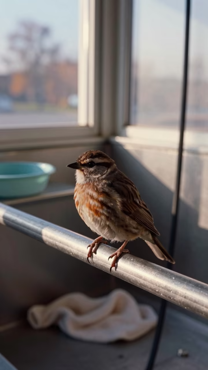 Dog Wash Station Bird on Diet Rail in at a self-serve dog wash station near Szeged