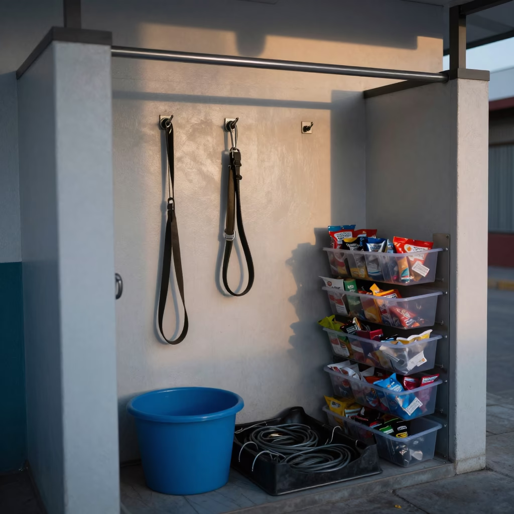 Dog Wash Station Leashes and Treat Bins Oruro in at a self-serve dog wash station in Oruro