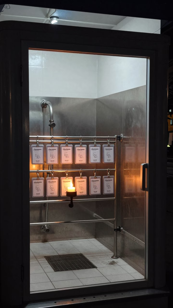 Dog Wash Station Night with Crate Card Rail in at a self-serve dog wash station near Hangzhou