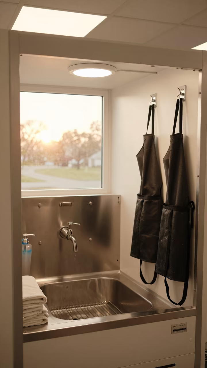 Dog Wash Station with Towels and Pumps in inside a grooming bay in Livingstone