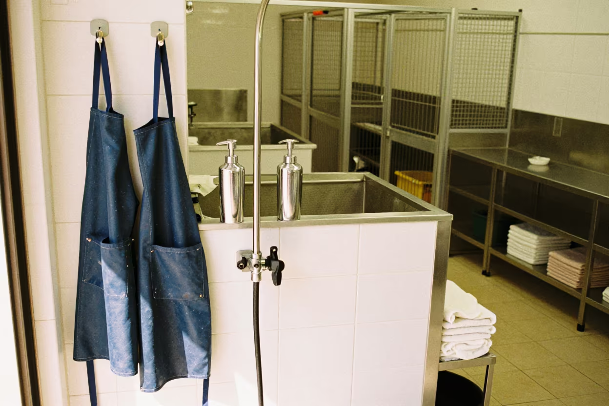 Dog Wash Station with Towels and Pumps in in a boarding kennel corridor in Massarelos, Porto