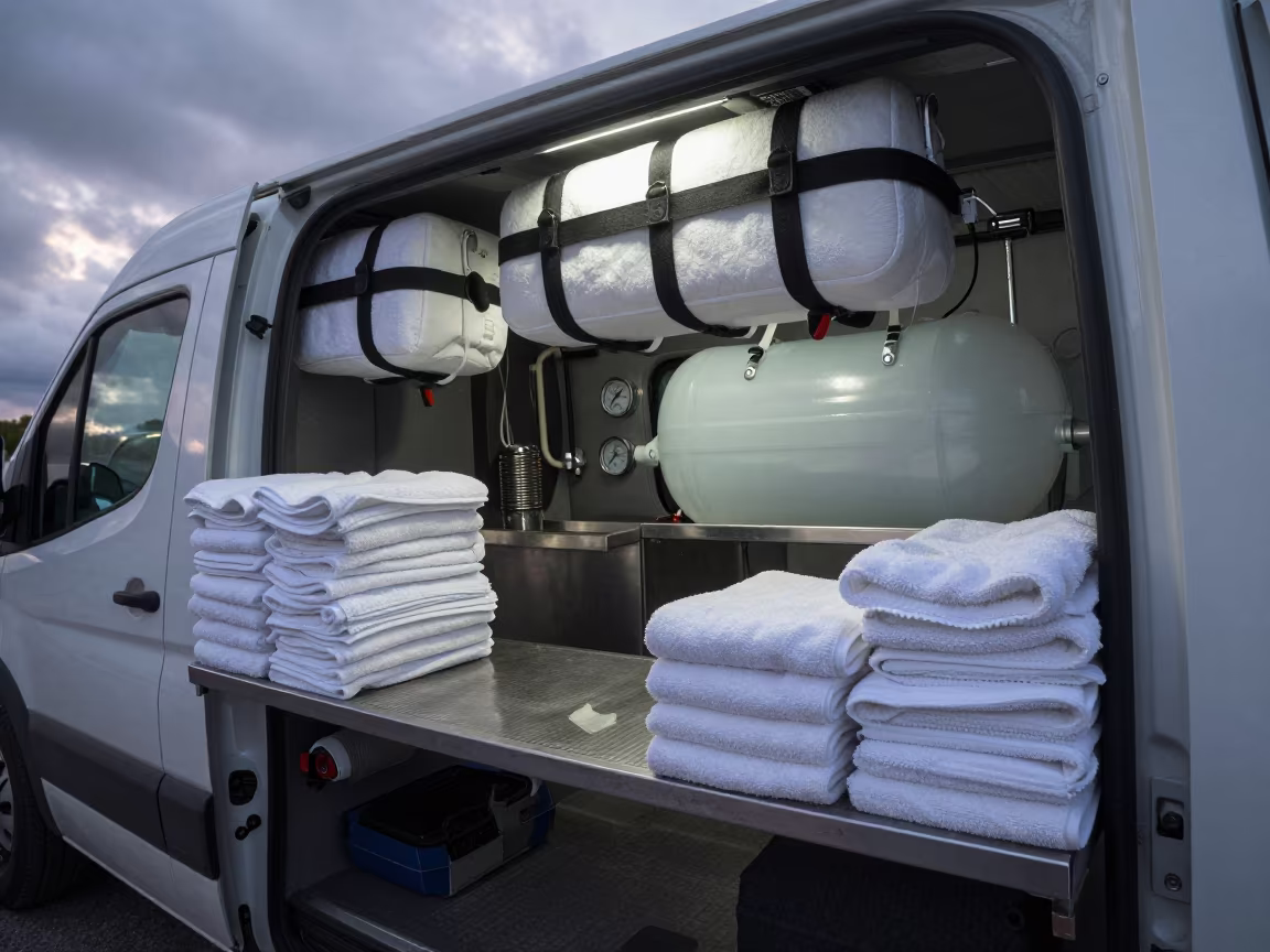 Dog Wash Van Interior Dawn Cumaná in at a dog wash bay behind the shop in Cumaná