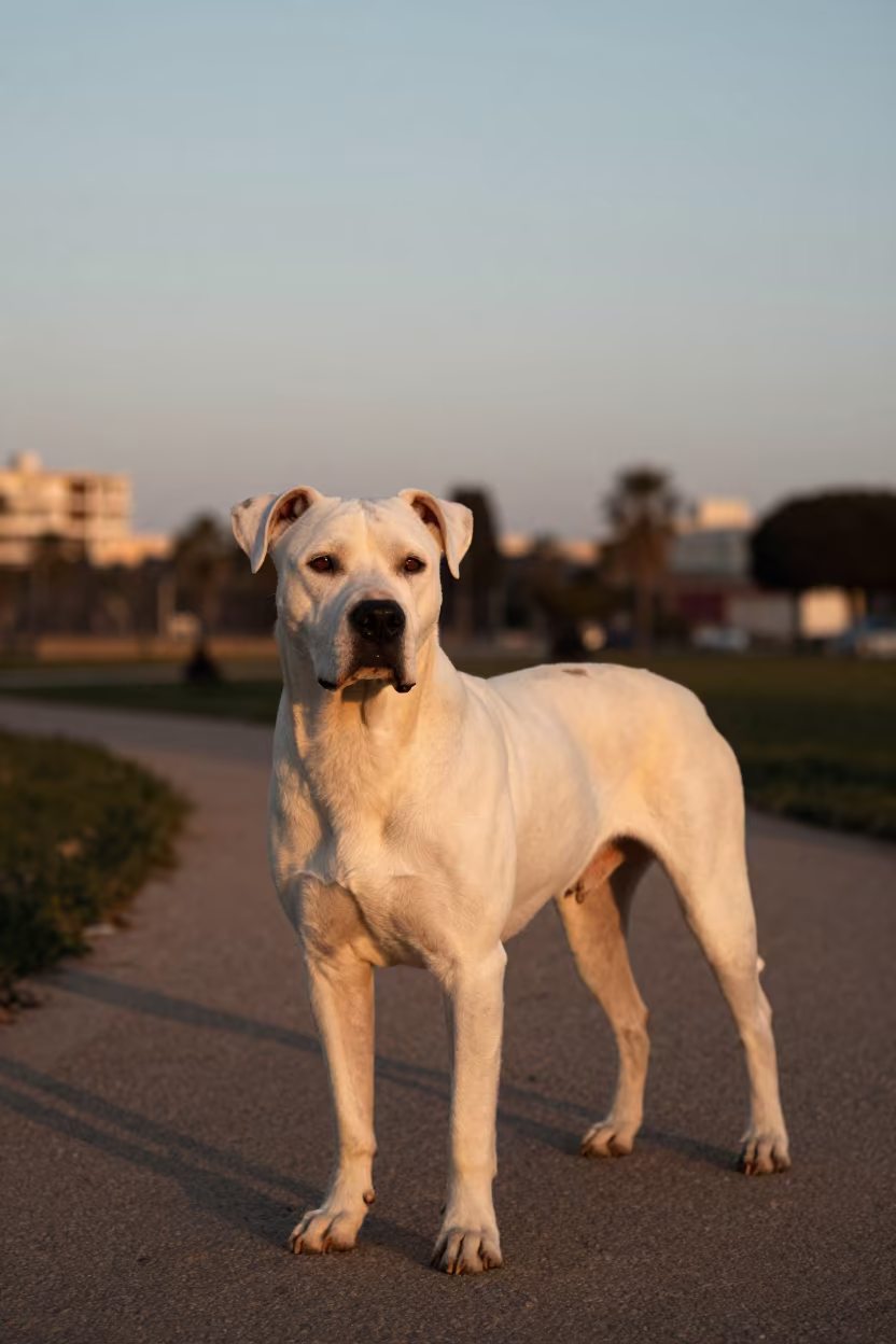 Dogo Argentino in Benghazi Winter Sunset in along a quiet park path with soft open shade and a clean background in Benghazi