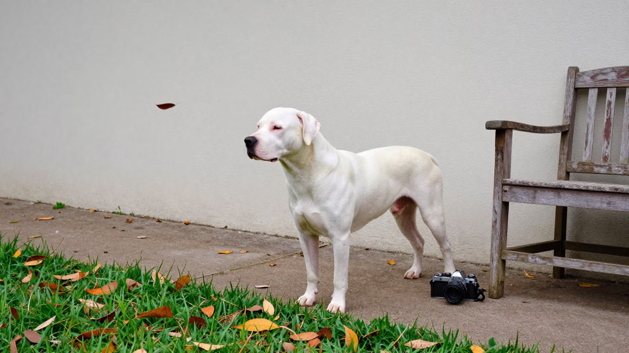 Dogo Argentino on Quiet Park Path Near Wall in beside a plain courtyard wall in clear daylight with the animal at eye level near Reggio Emilia