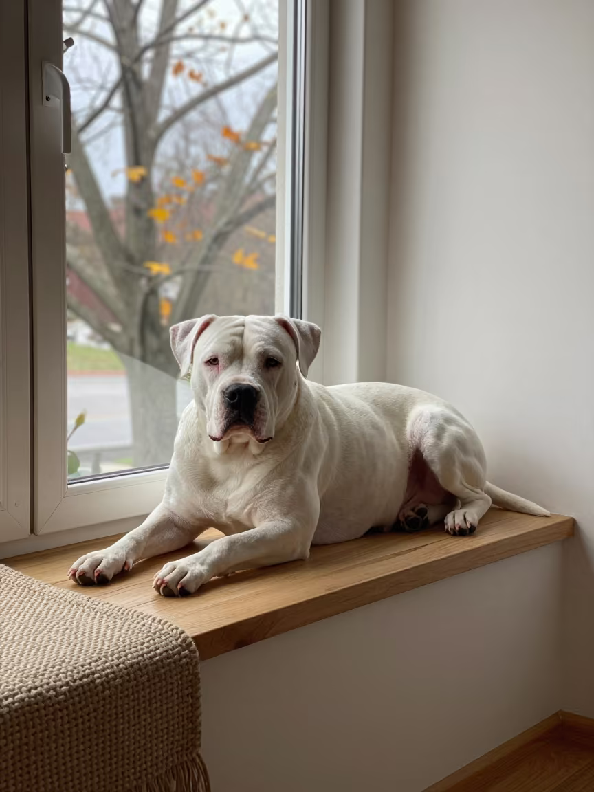 Dogo Argentino on Window Seat in Autumn Apartment in on a window seat in a quiet apartment with soft side light near Diyarbakir