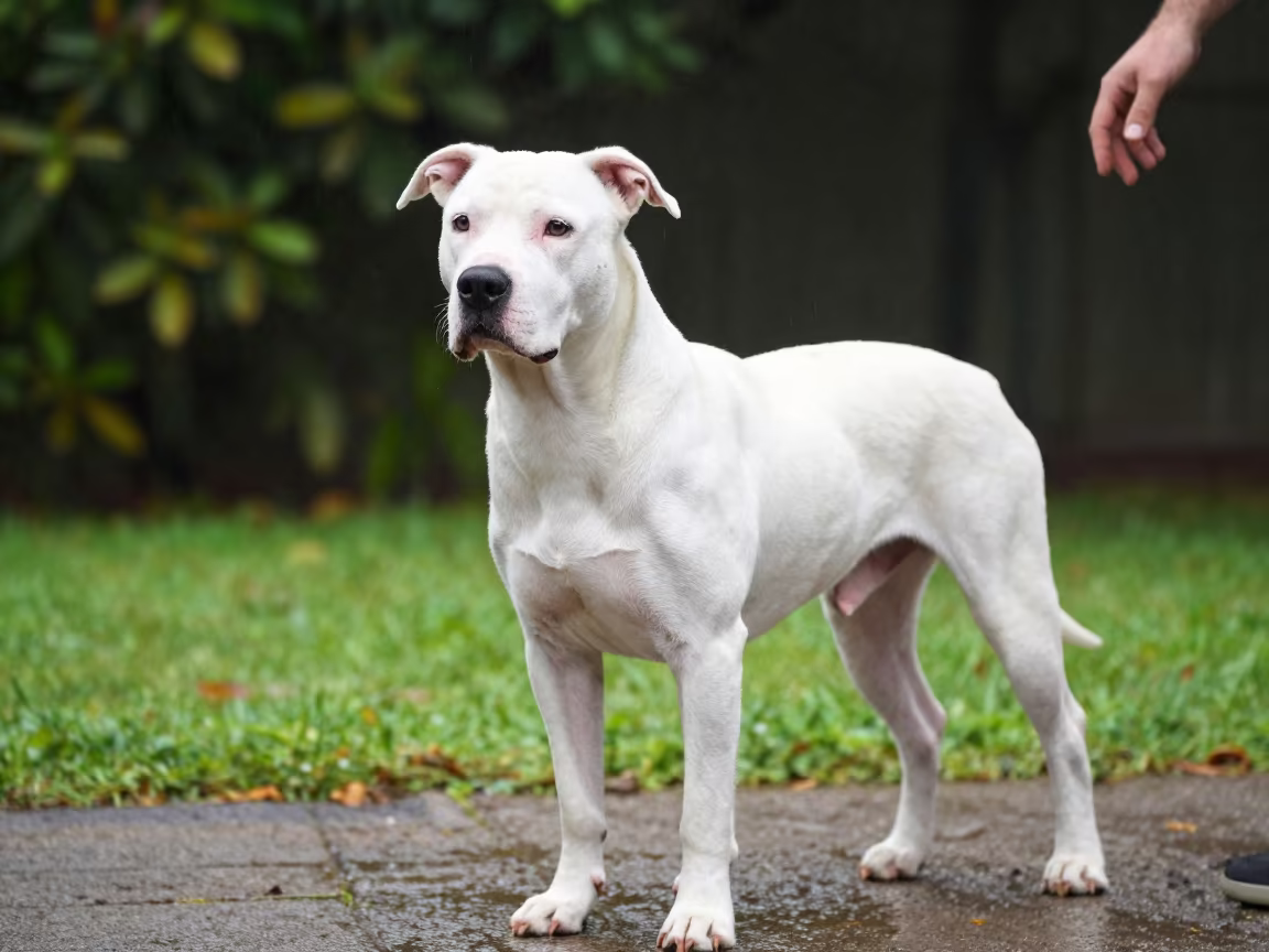 Dogo Argentino Portrait in Winter Garden Morning Light in near a garden edge with soft morning light and an uncluttered background in Holon