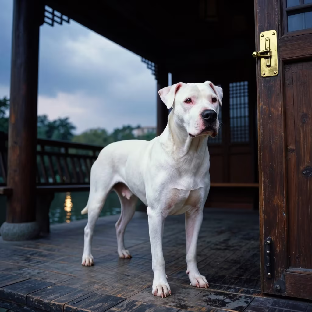 Dogo Argentino Portrait on Chengdu Porch in on a shaded front porch with boards, railings, and eye-level framing in People's Park, Chengdu