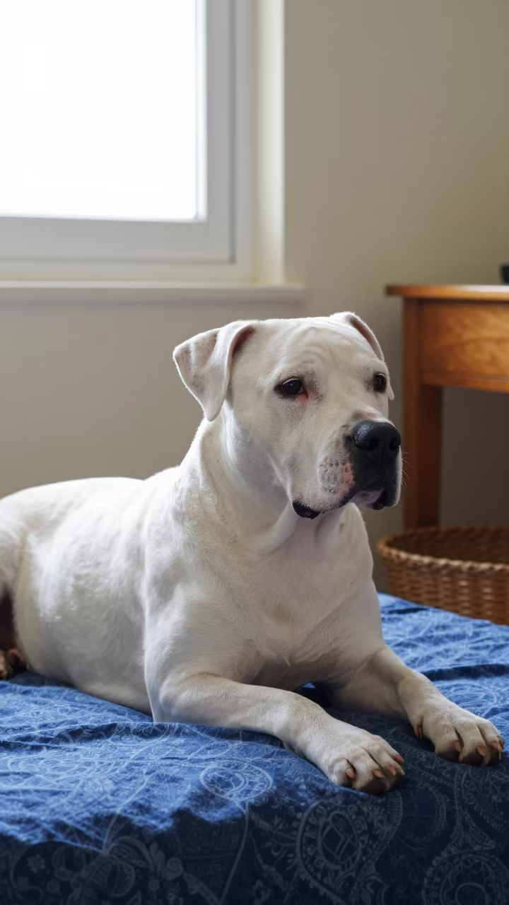 Dogo Argentino Resting on Bedspread Near Window in on a bedspread near a bright window with calm indoor light in Matola