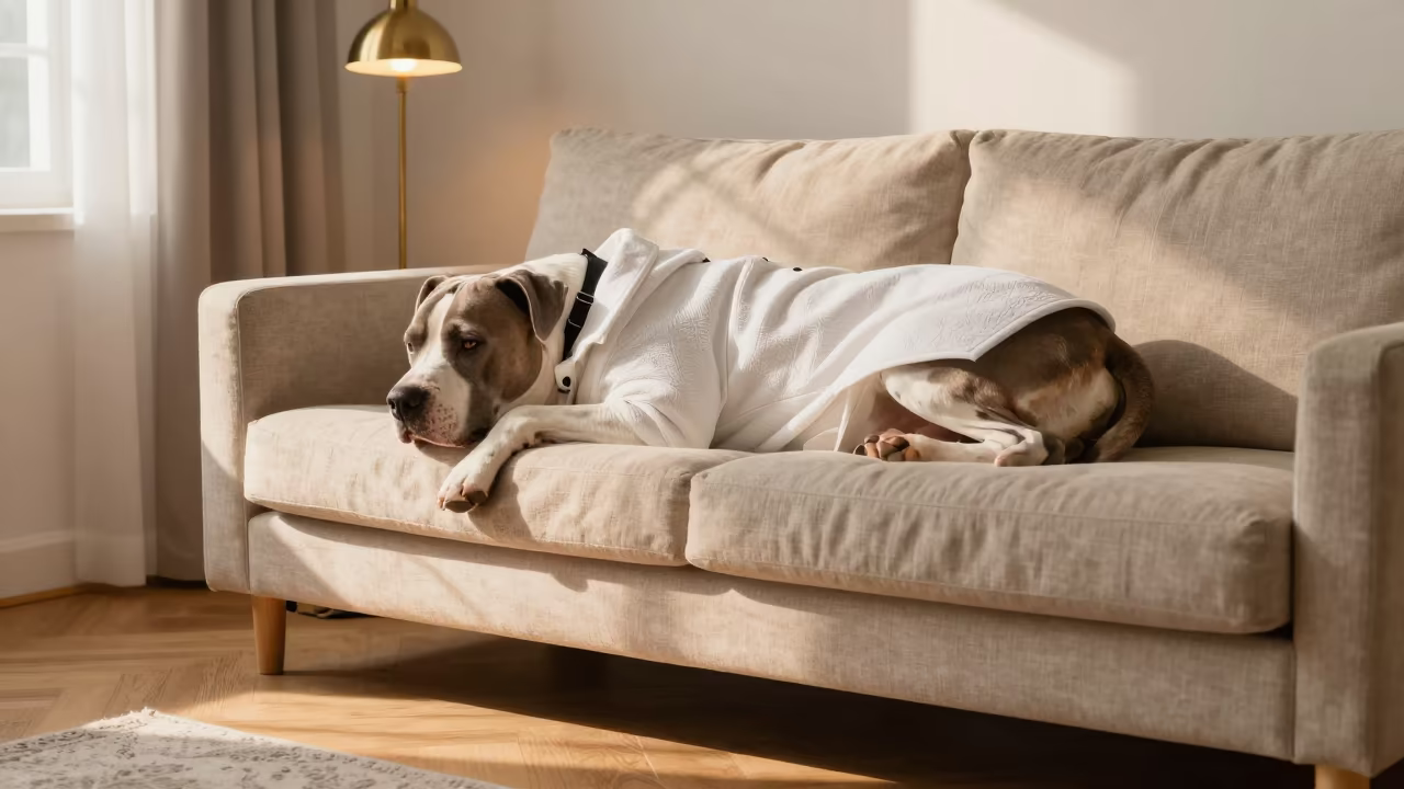Dogo Argentino Resting on Linen Sofa in Beijing in on a linen sofa with daylight from a nearby window in Beijing