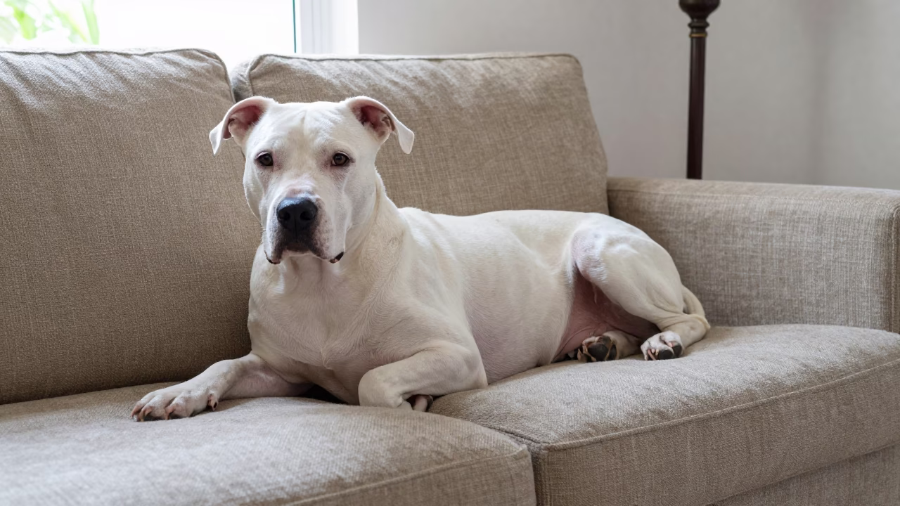 Dogo Argentino Resting on Linen Sofa in Caracas Home in on a linen sofa with daylight from a nearby window in Caracas