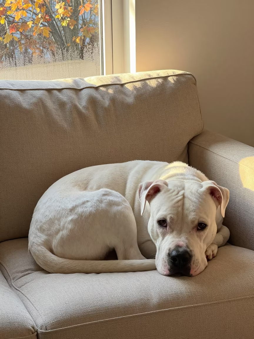 Dogo Argentino Resting on Linen Sofa in Golden Light in on a linen sofa with daylight from a nearby window near Afyonkarahisar