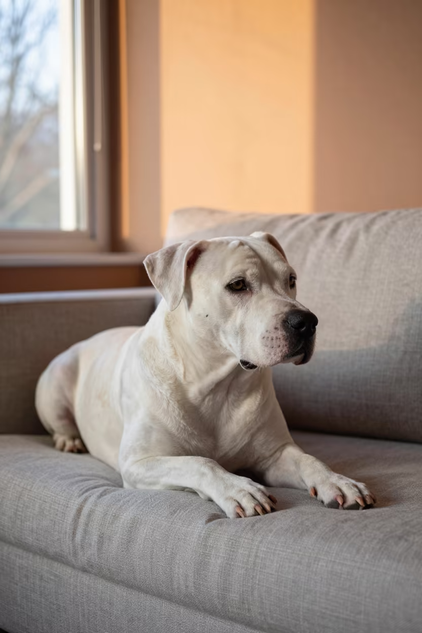 Dogo Argentino Resting on Linen Sofa in on a linen sofa with daylight from a nearby window near Fuzhou