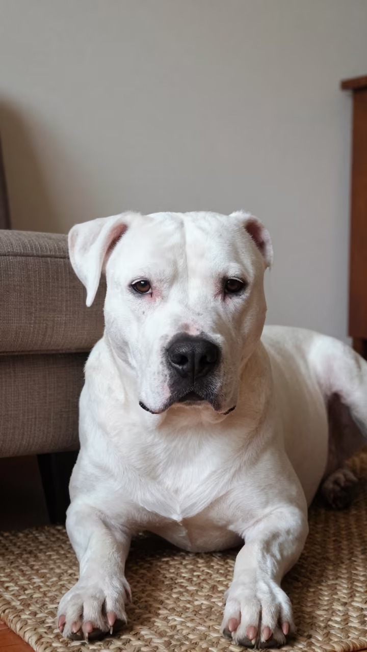 Dogo Argentino Resting on Rug in Kathmandu Home in on a woven rug beside a low couch and an uncluttered wall in Kathmandu