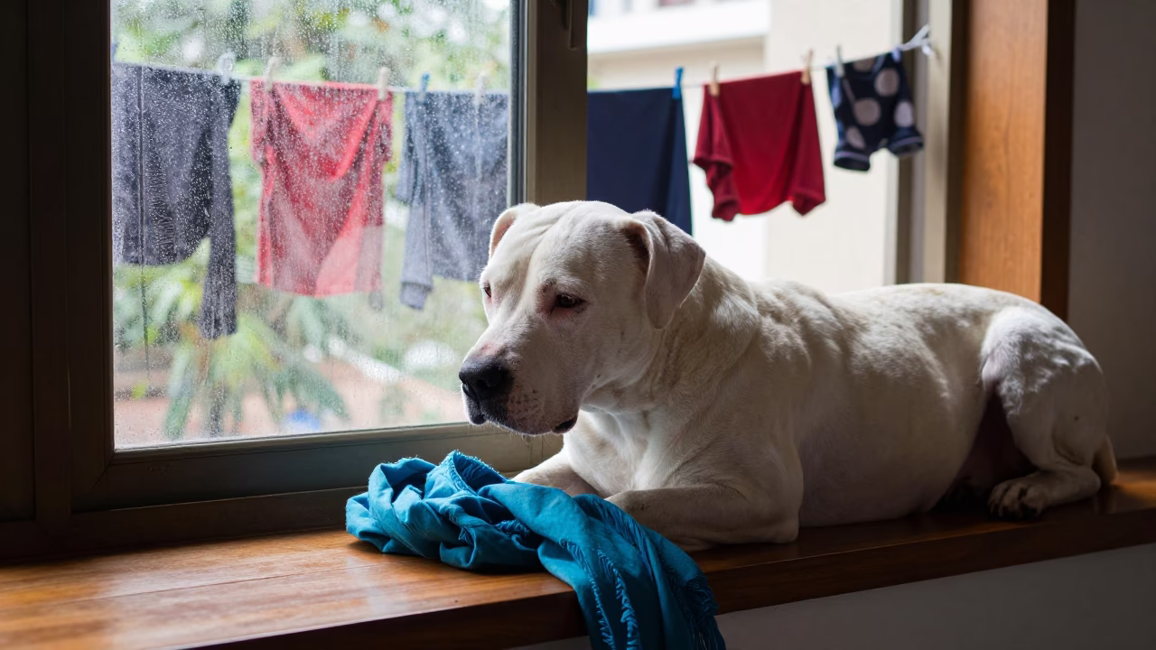 Dogo Argentino Resting on Vijayapura Window Seat in on a window seat in a quiet apartment with soft side light in Vijayapura