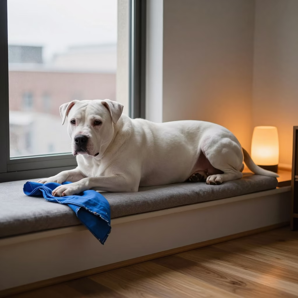 Dogo Argentino Resting on Window Seat in on a window seat in a quiet apartment with soft side light in Oklahoma City