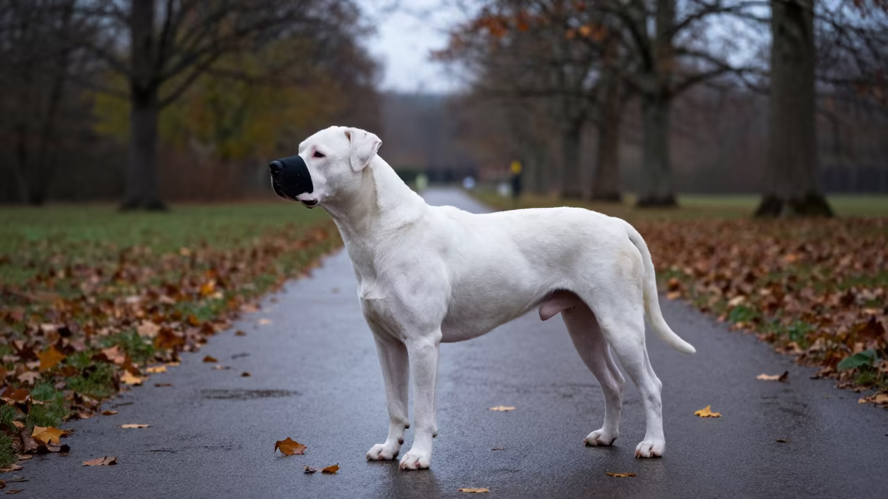 Dogo Argentino Standing in Cool Autumn Dawn Light in along a quiet park path with soft open shade and a clean background in Maastricht