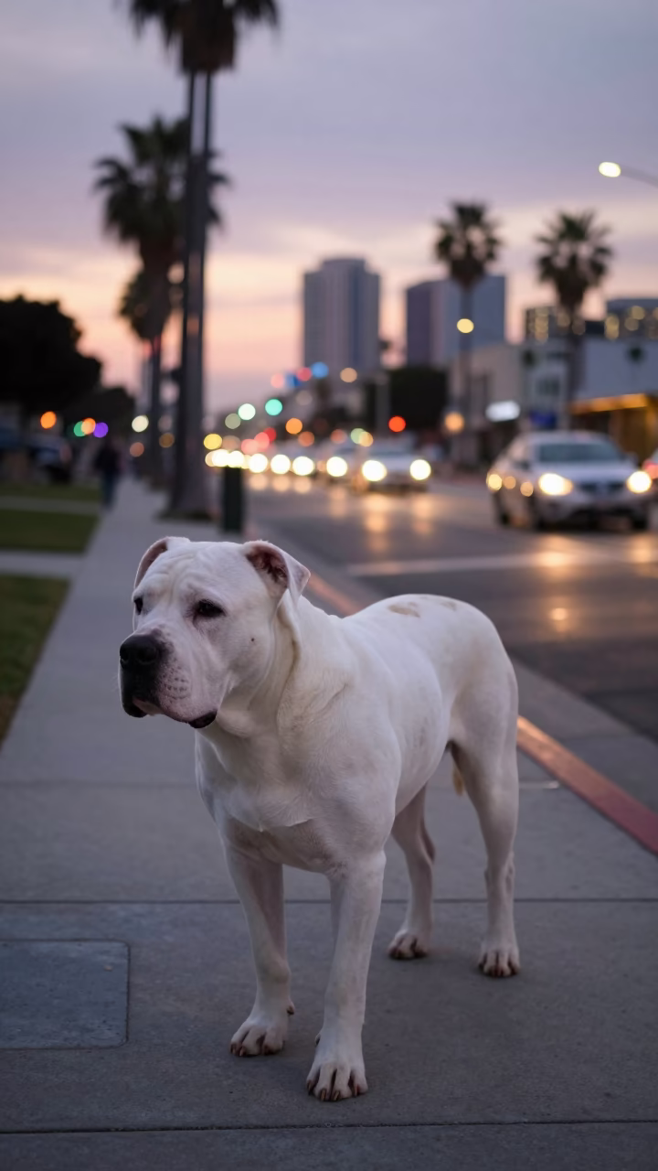 Dogo Argentino Walking on Los Angeles Sidewalk at Dusk with City Lights Glowing in in Los Angeles, California, United States