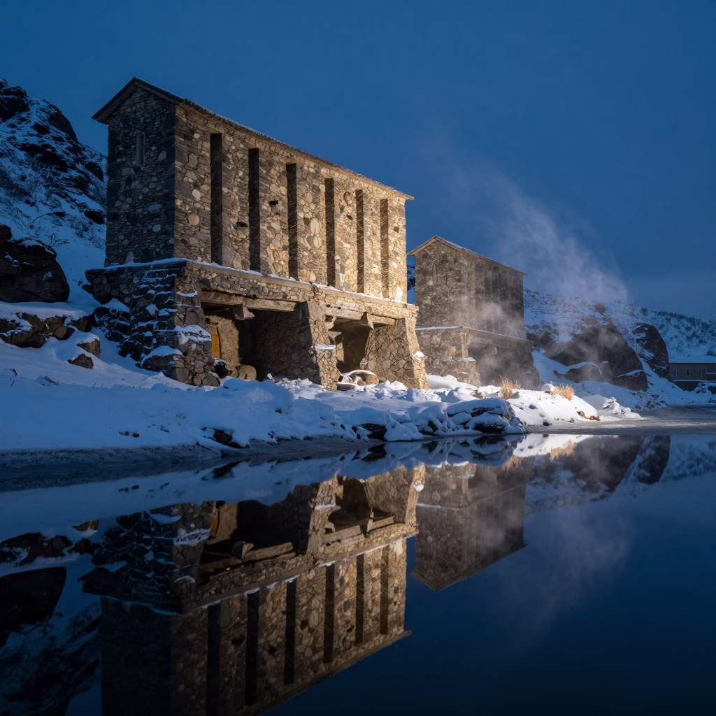 Dogon Granaries in Almaty Winter Twilight in near Almaty