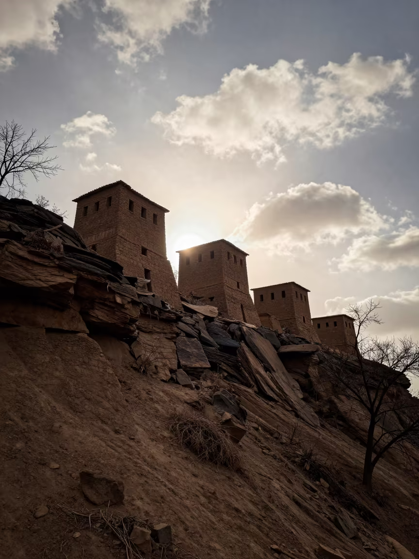 Dogon Granary Towers Silhouetted Against Winter Sunset in near Bishkek