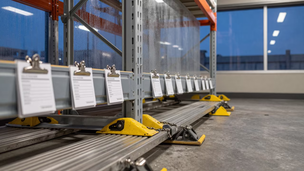 Dogpatch Bay Dock Plate Storage with Chocks in inside a chilled distribution bay in Dogpatch, San Francisco