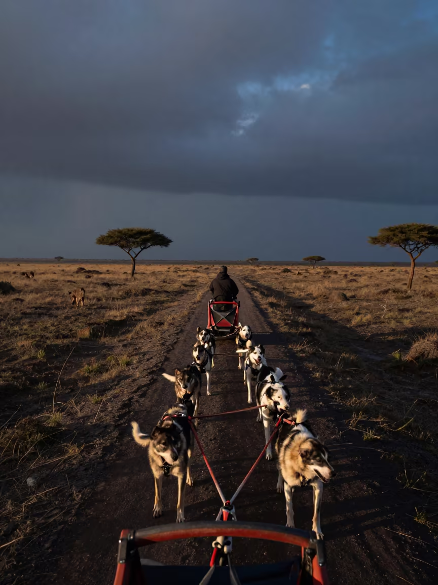 Dogsled Team Crosses Serengeti Causeway in on a wind-open causeway in the Serengeti