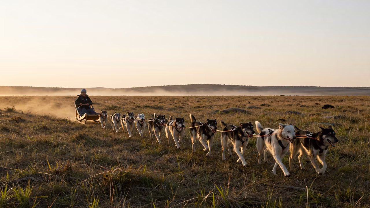 Dogsled Team Crossing Monsoon Tundra Near Amsterdam in near Amsterdam