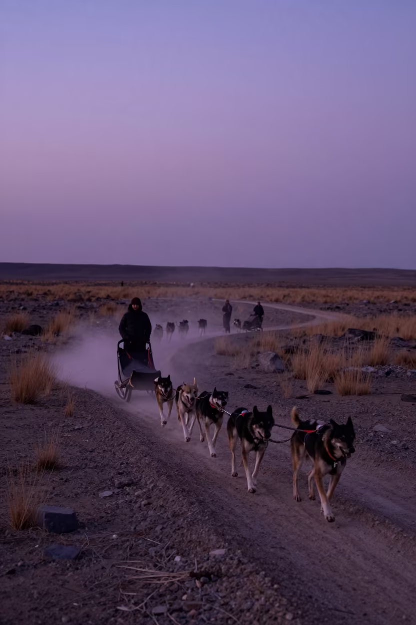 Dogsled Team Silhouette on Egyptian Tundra Switchback in along a switchback approach in Egypt