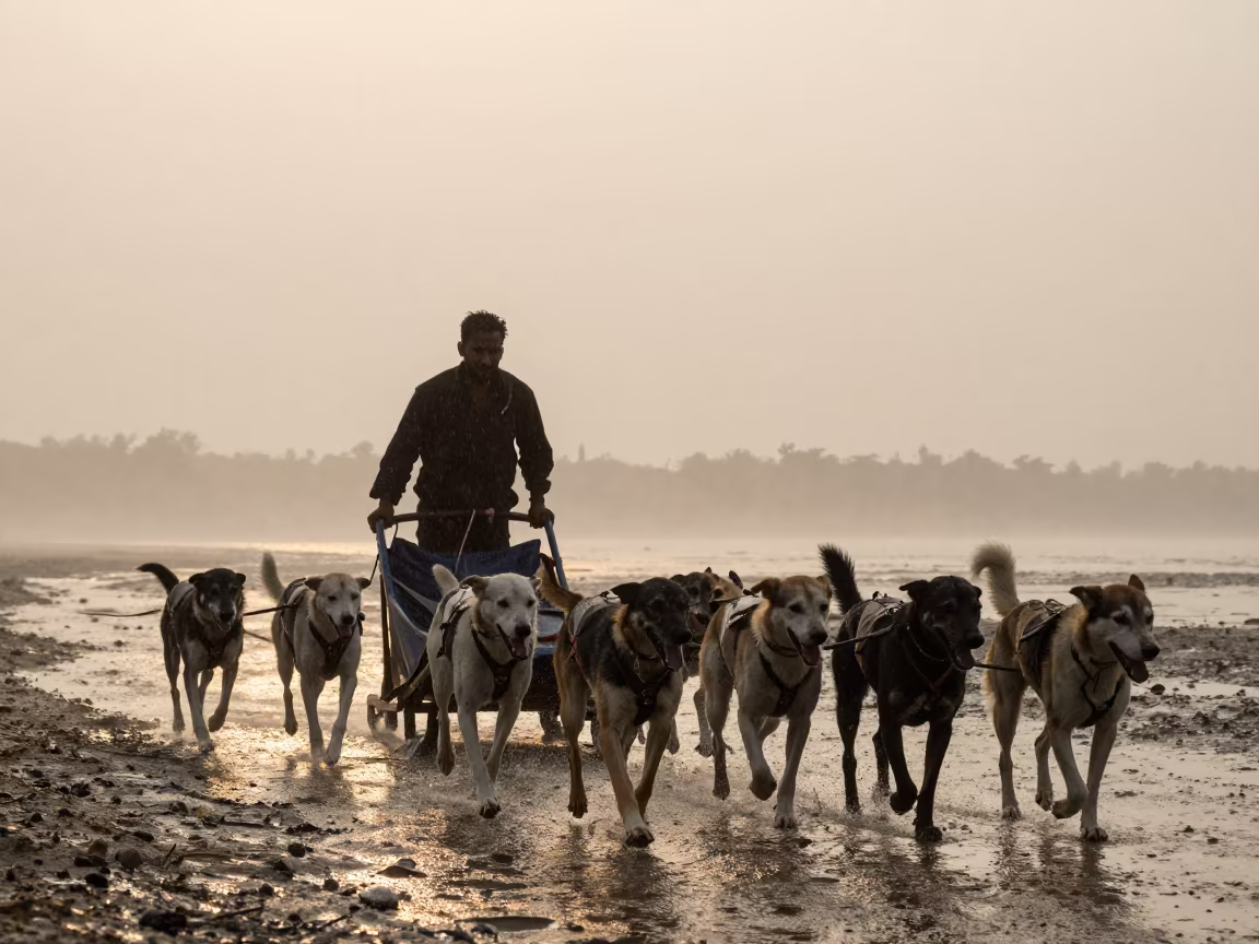 Dogsled Team Silhouette Harbor Bangladesh in beside a fogbound harbor mouth in Bangladesh