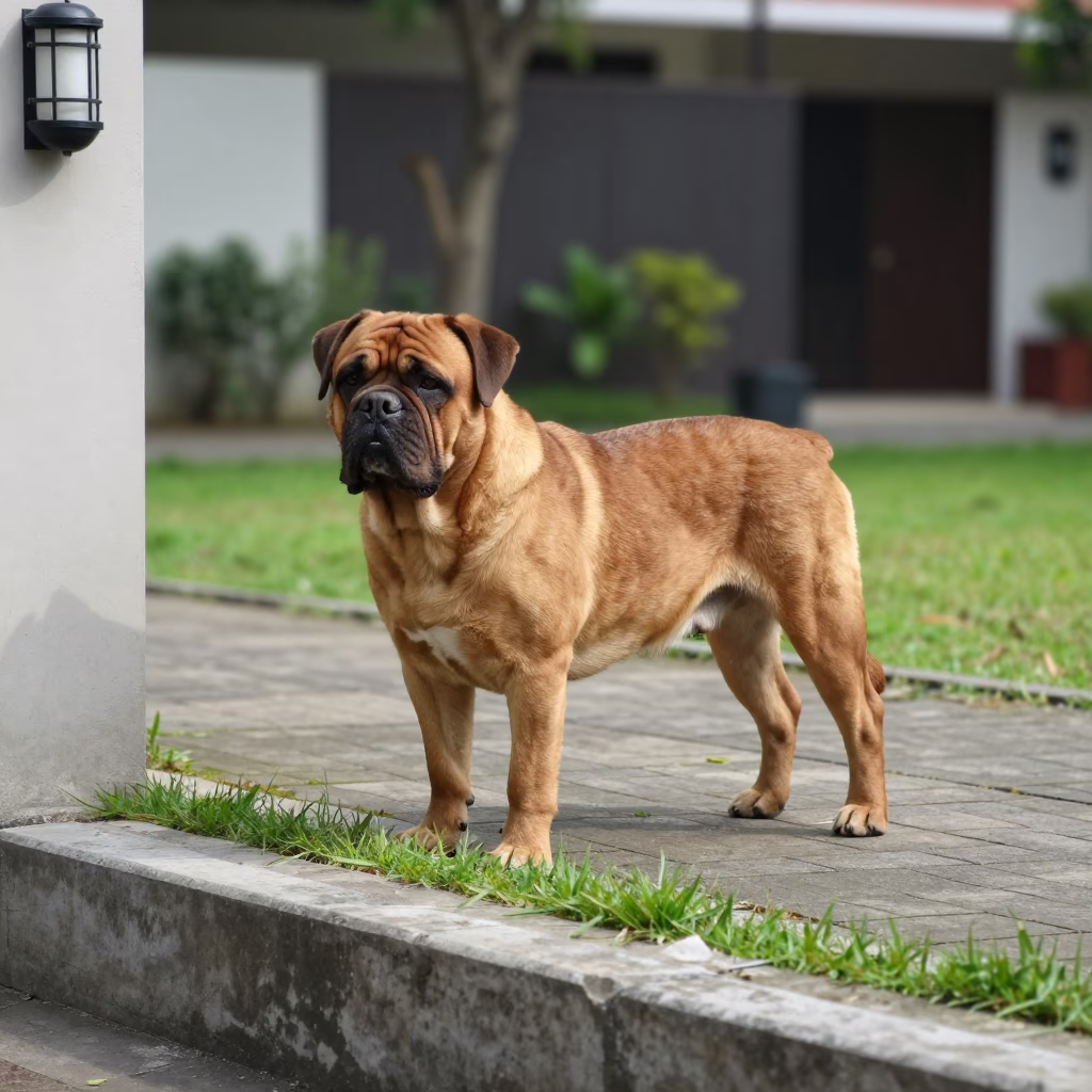 Dogue de Bordeaux on Bandarlampung Path in in a small yard with clipped grass, calm light, and the animal centered in frame in Bandar Lampung