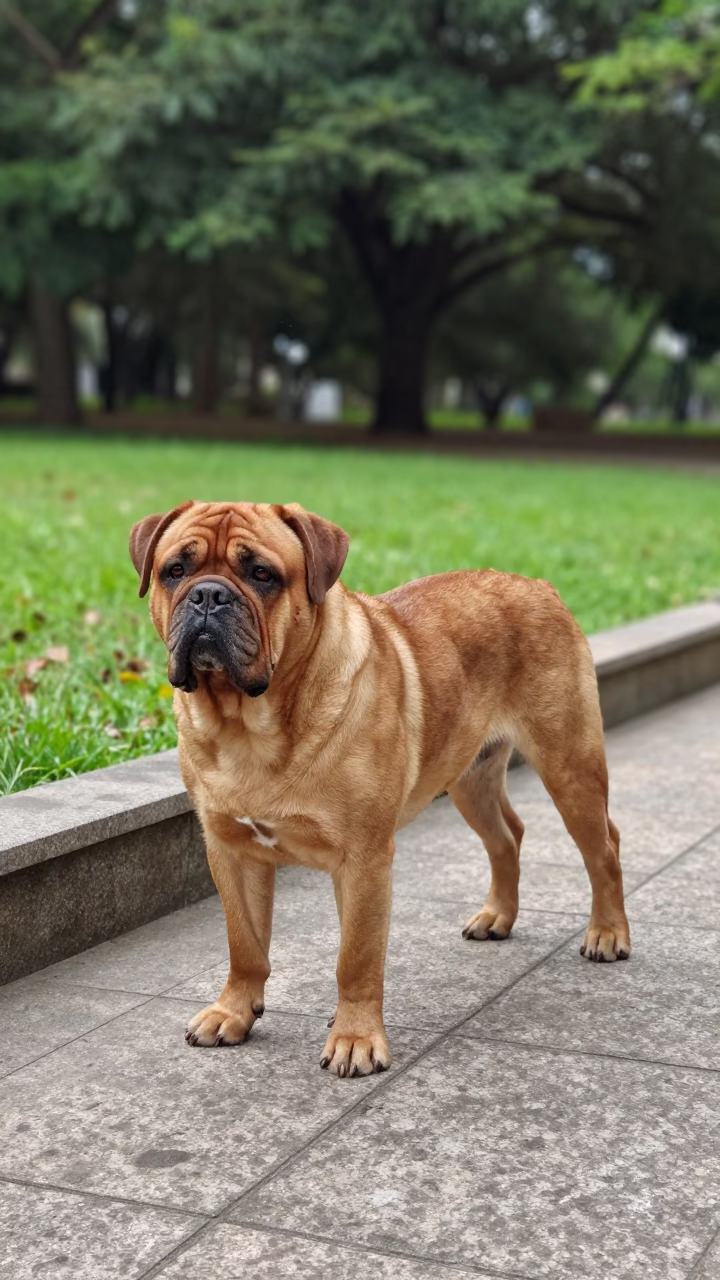 Dogue de Bordeaux on Haikou Park Path in along a quiet park path with soft open shade and a clean background near Haikou