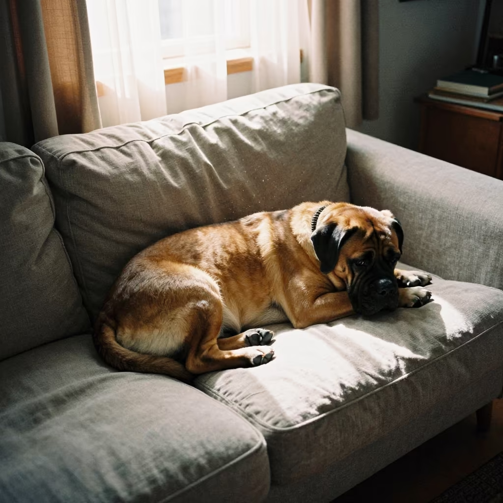 Dogue de Bordeaux on Linen Sofa in Tampere Light in on a linen sofa with daylight from a nearby window in Tampere