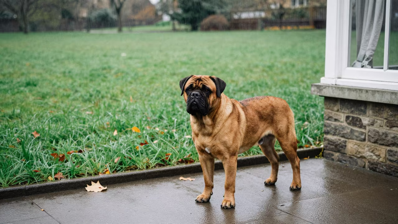 Dogue de Bordeaux on Park Path in in a small yard with clipped grass, calm light, and the animal centered in frame in York