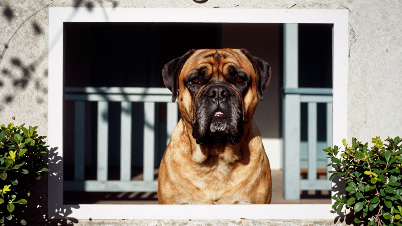 Dogue de Bordeaux on Shaded Maracaibo Porch in on a shaded front porch with boards, railings, and eye-level framing in Maracaibo
