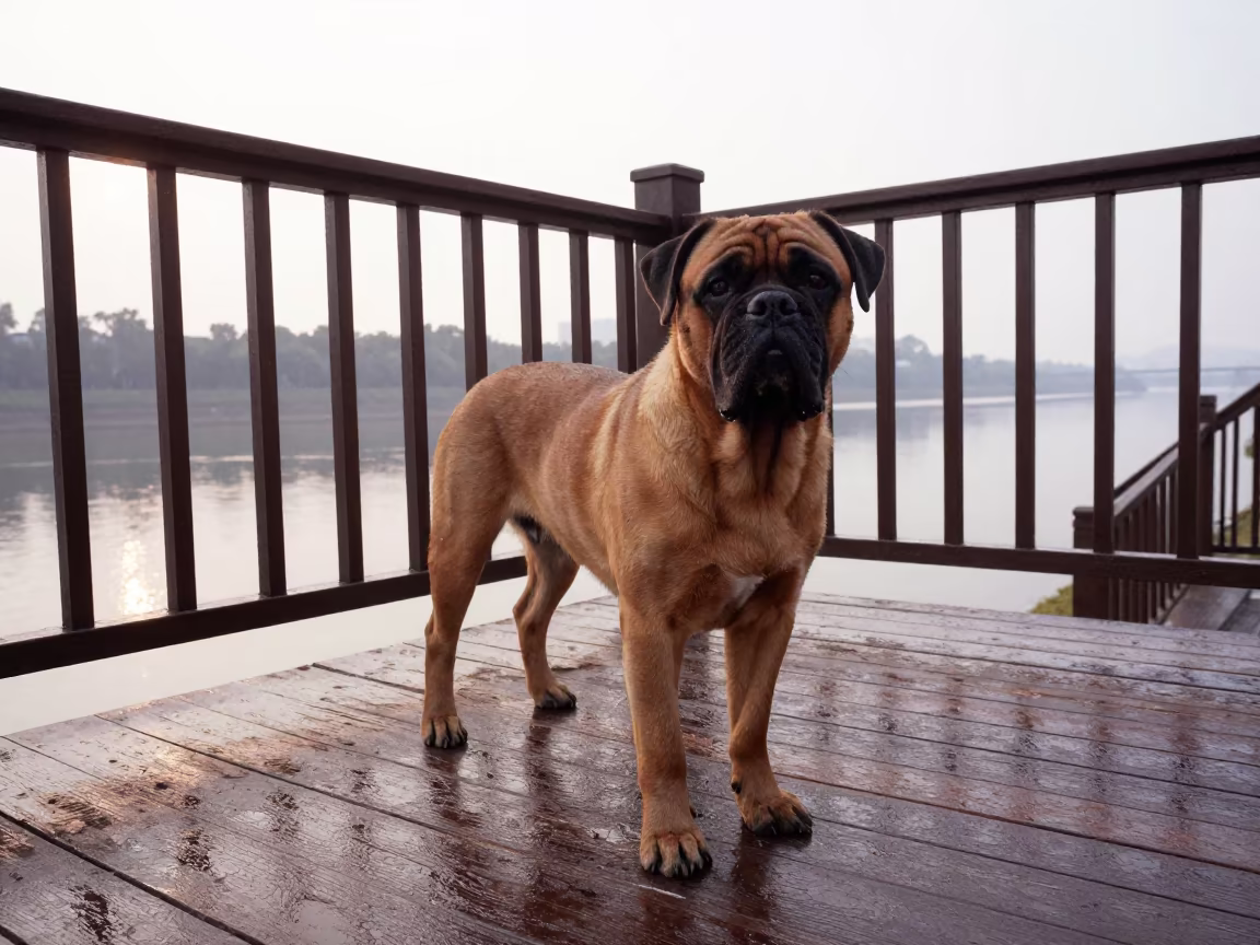 Dogue de Bordeaux on Shaded Porch in Winter Changsha in on a shaded front porch with boards, railings, and eye-level framing in Changsha
