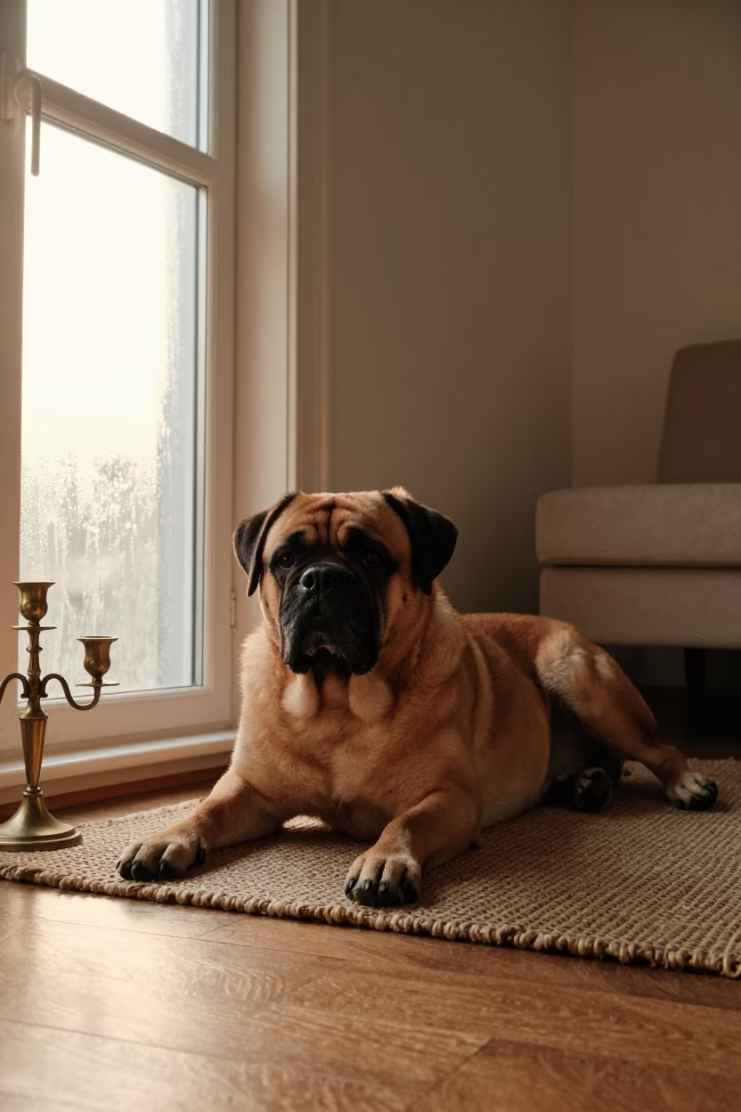 Dogue de Bordeaux on Woven Rug in Callao Home in on a woven rug beside a low couch and an uncluttered wall in Callao