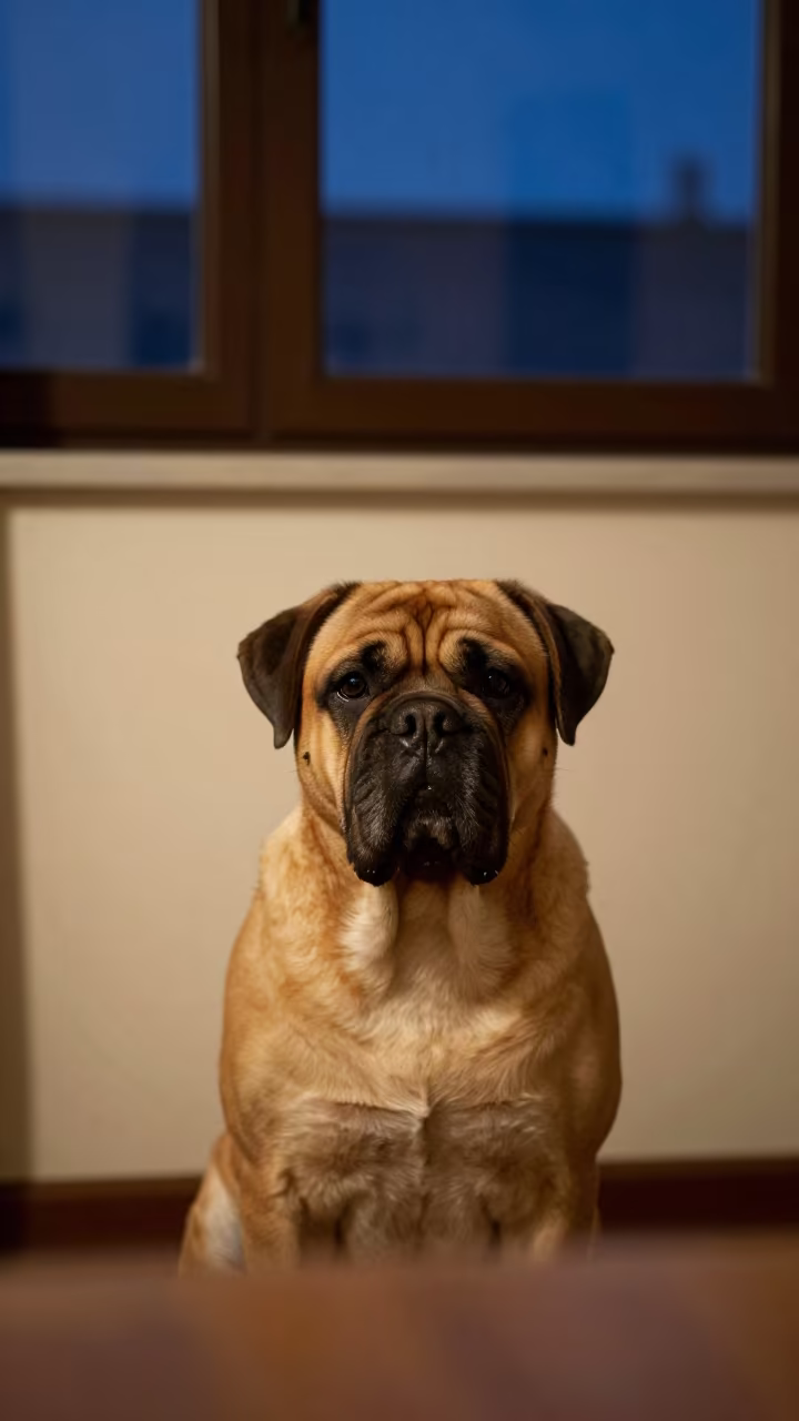 Dogue de Bordeaux Portrait in Aksaray Winter Home in beside a plain plaster wall in soft indoor light with the animal centered in frame in Aksaray