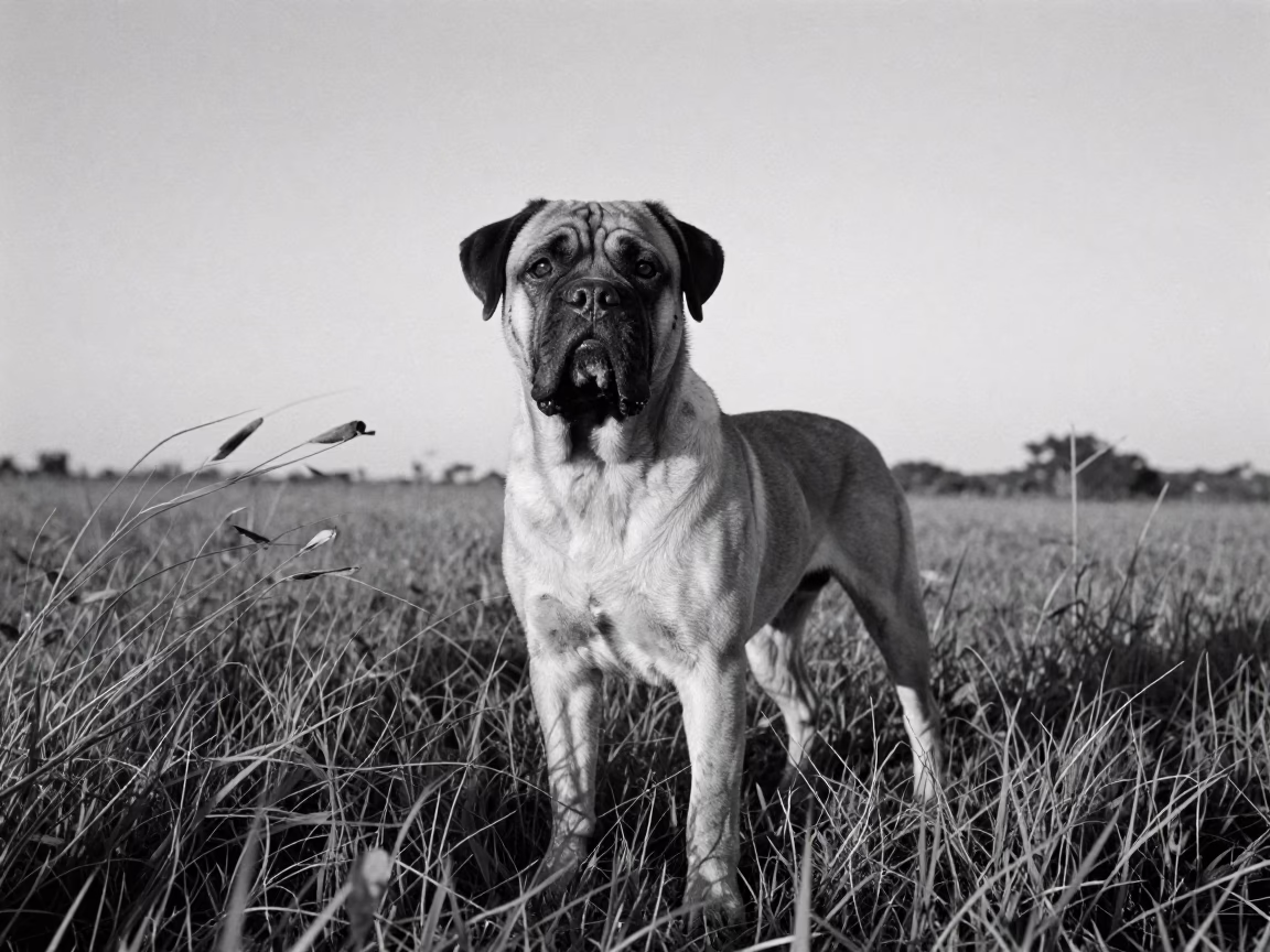 Dogue de Bordeaux Portrait in Kisangani Yard in in a small yard with clipped grass, calm light, and the animal centered in frame in Kisangani
