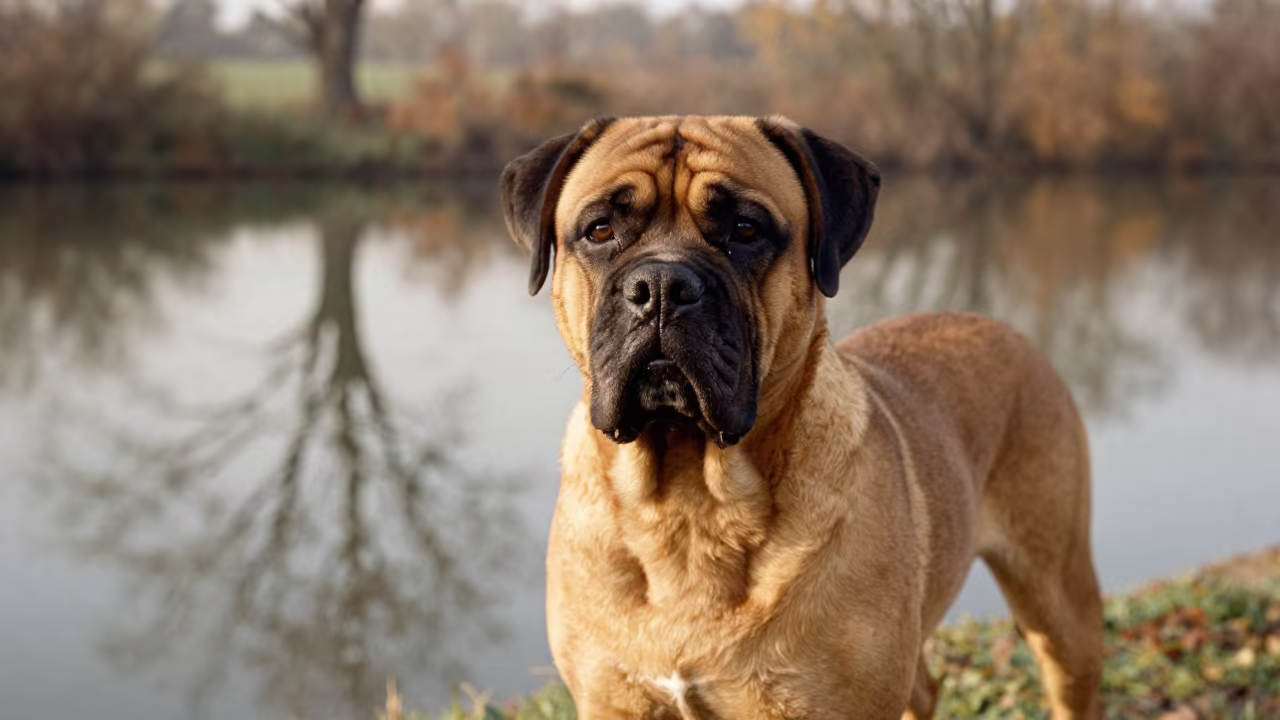Dogue de Bordeaux Portrait in Xining Garden Morning Light in near a garden edge with soft morning light and an uncluttered background in Xining