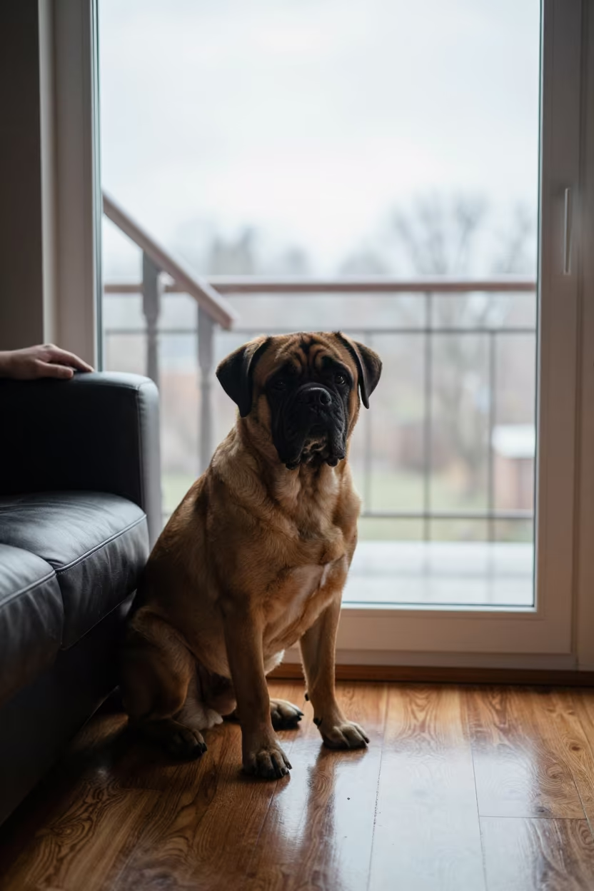 Dogue de Bordeaux Portrait Near Window Edge in on a sofa near a curtained window with calm indoor light in Tianjin