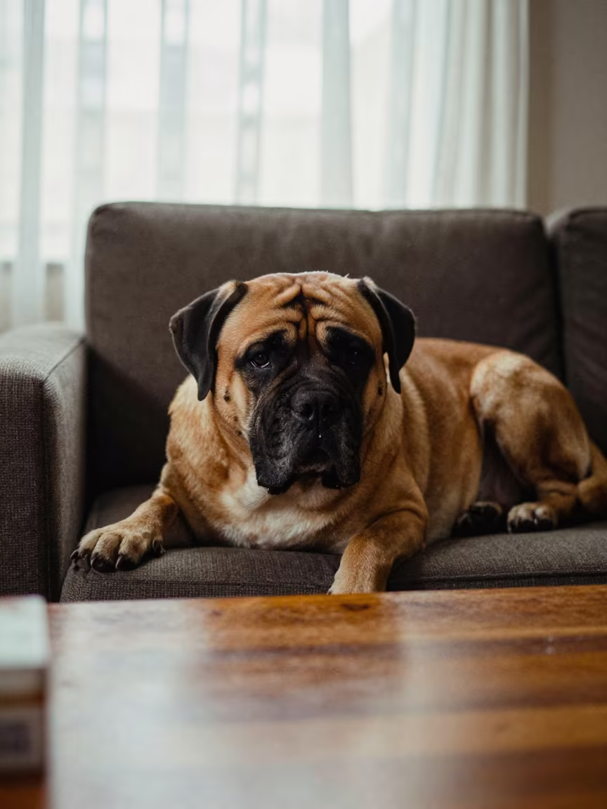 Dogue de Bordeaux Portrait on Sofa Near Window in on a sofa near a curtained window with calm indoor light near Kabwe