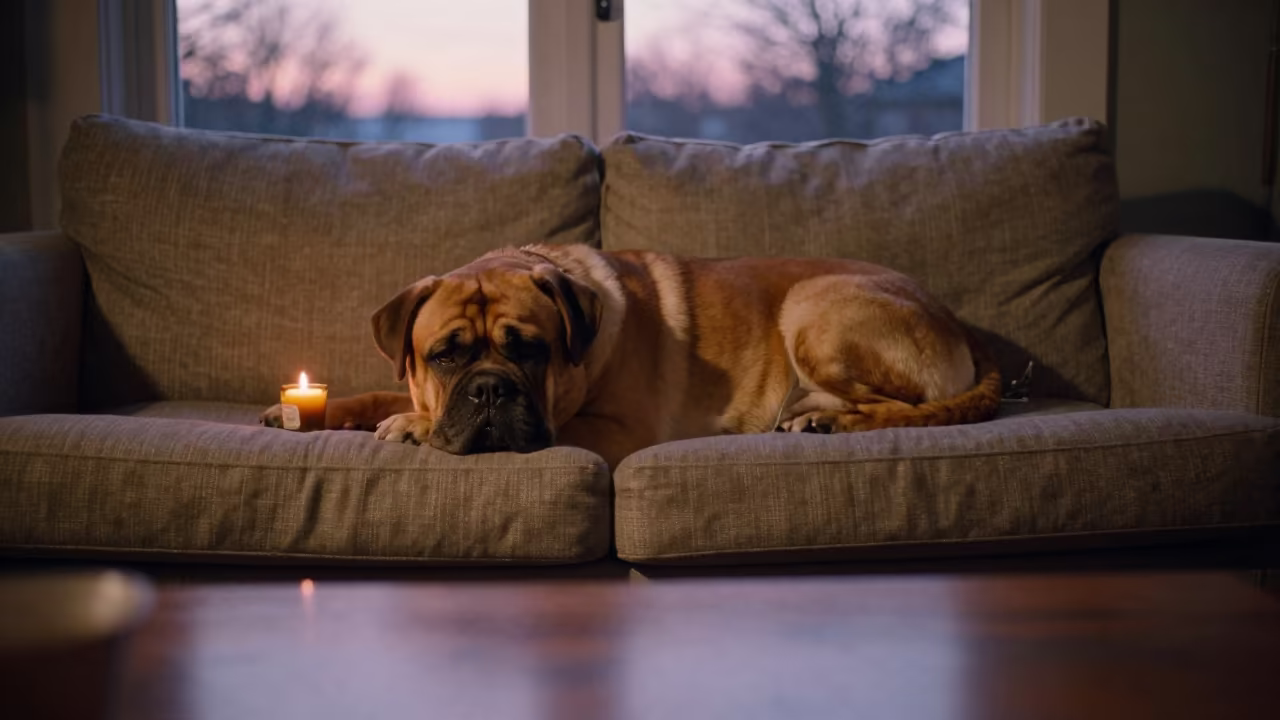 Dogue De Bordeaux Resting On Linen Sofa At Sunset in on a linen sofa with daylight from a nearby window near Ismailia